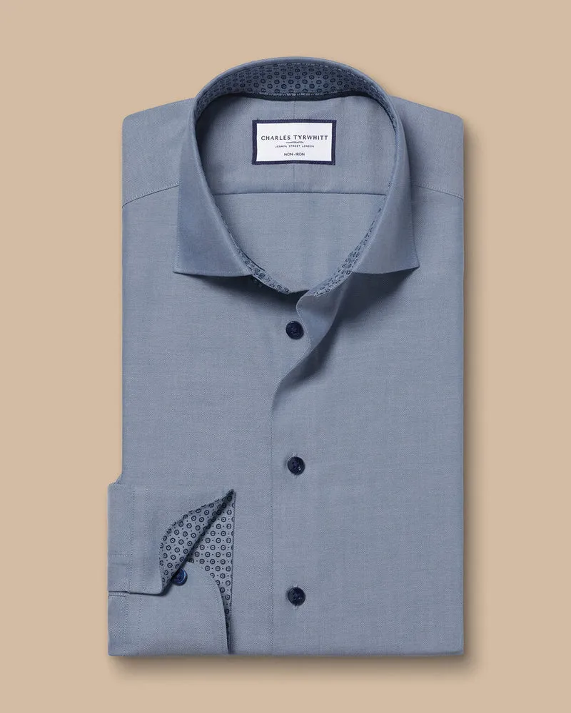 Semi-Cutaway Collar Non-Iron Twill Slim Fit Shirt with Printed Trim - Steel Blue