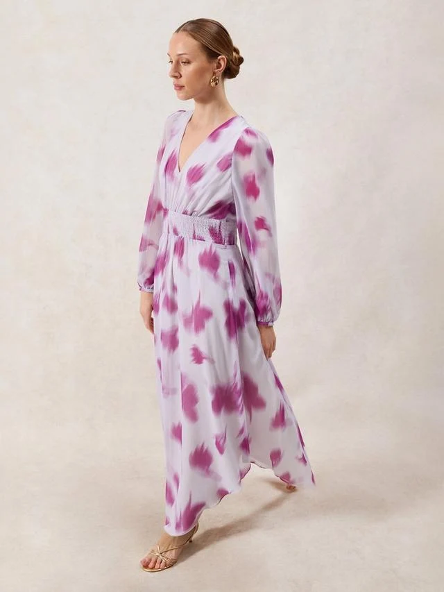 Anya Blurred Floral Dress, Pink/Multi
