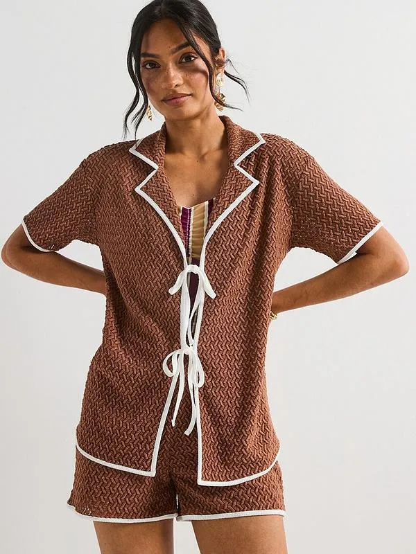 V by Very Textured Tie Front Top Contrast Trim Co-Ord - Brown