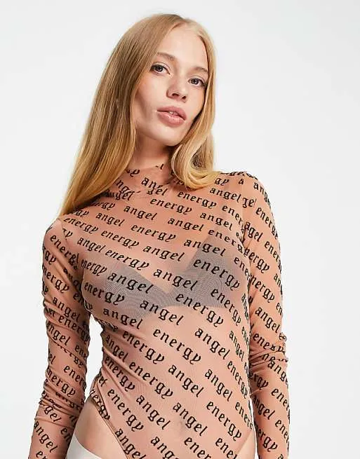 ASOS DESIGN Angel Energy Flocked Bodysuit in Camel