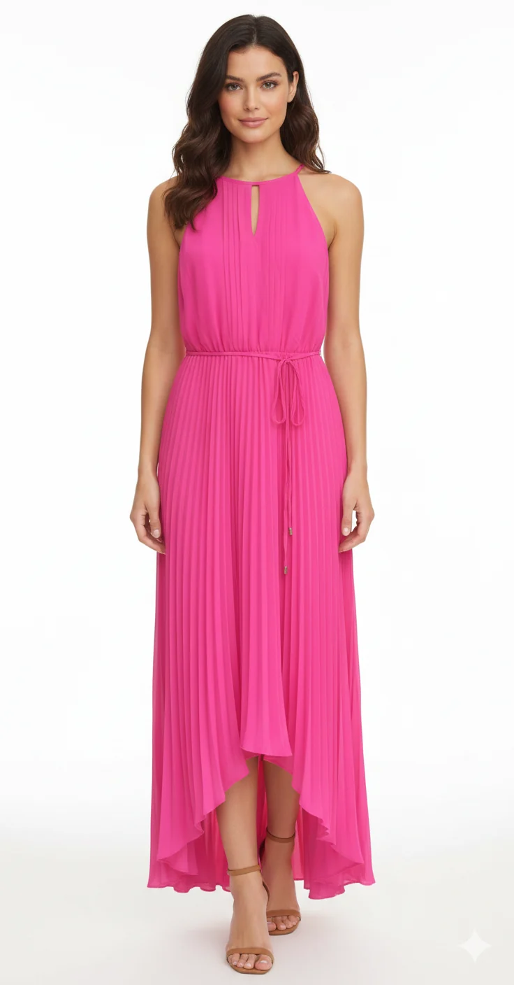 Pink Pleated Sleeveless Dress