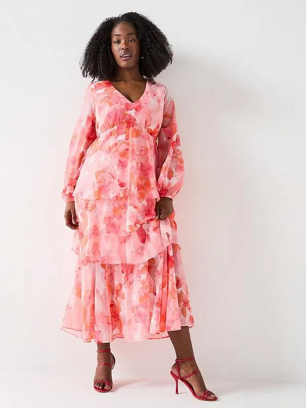 V by Very Curve Tiered Ditsy Floral Hanky Hem Midaxi Dress - Pink Print