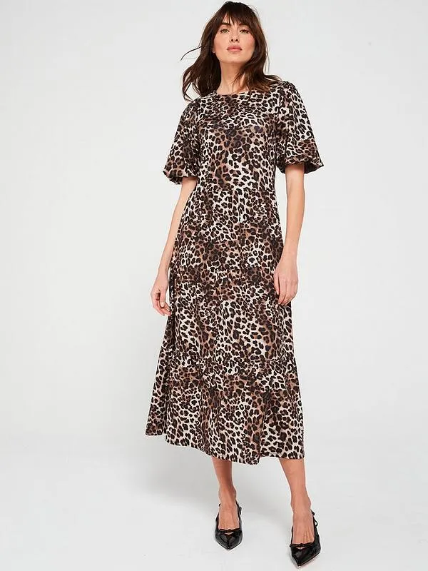 V by Very Puff Sleeve Volume Tiered Midaxi Dress - Animal