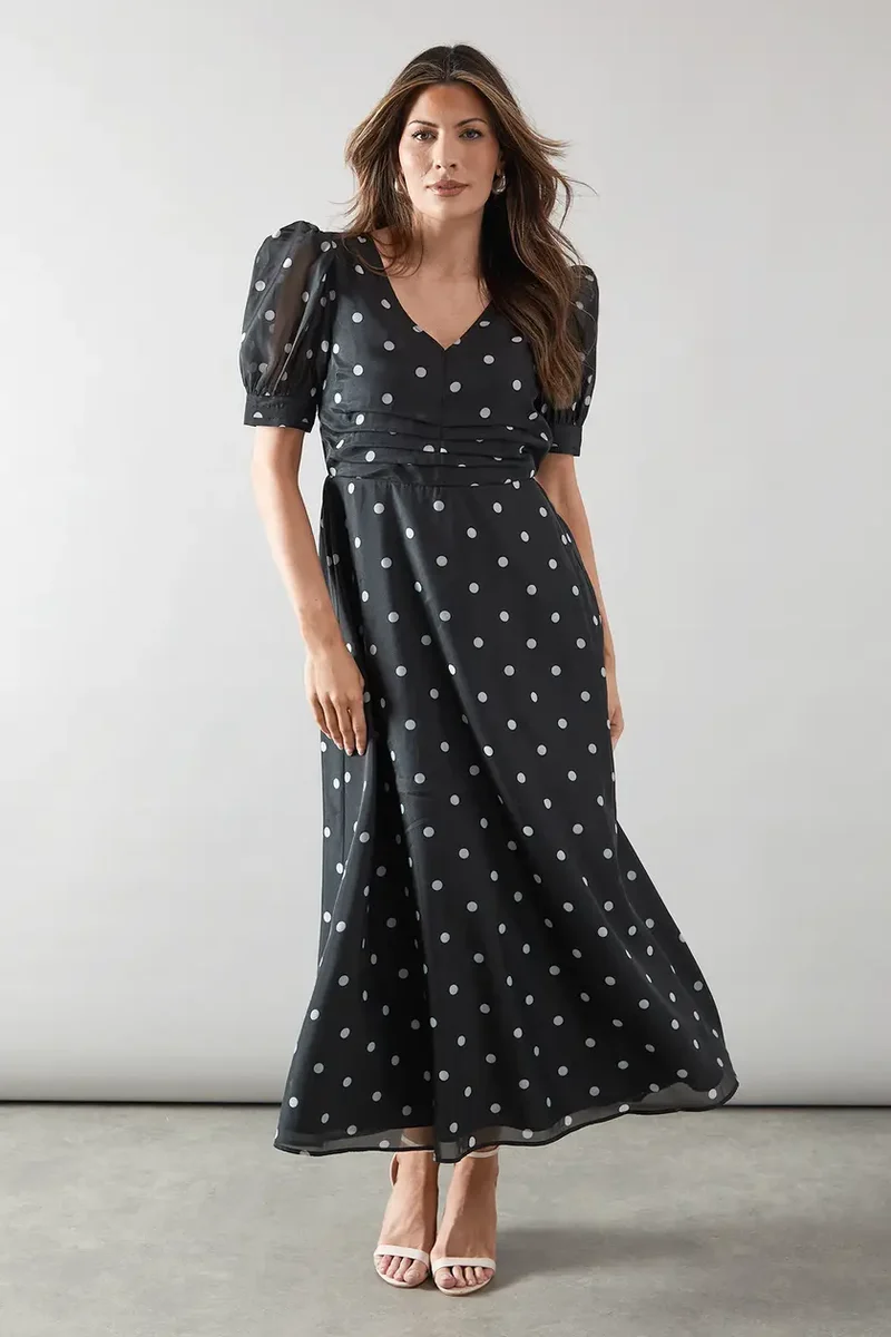 Spot Organza Ruched Front Midaxi Dress