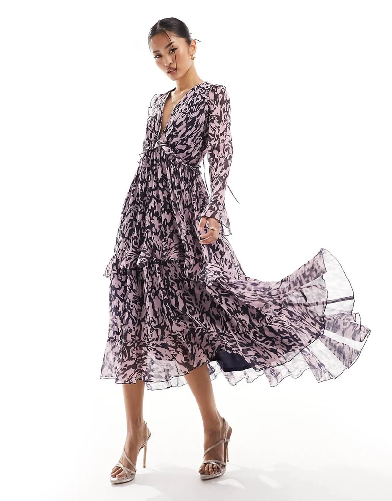 Style Cheat Ruffle Detail Maxi Dress in Purple Print