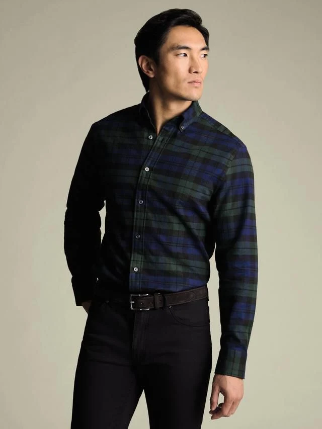 Brushed Flannel Check Classic Fit Shirt - Royal Blue & Green