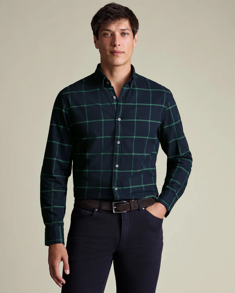 Brushed Flannel Check Slim Fit Shirt - Navy & Green