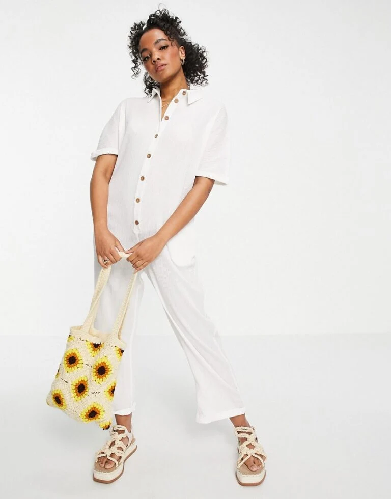 Button Through Chuck On Shirt Jumpsuit In White
