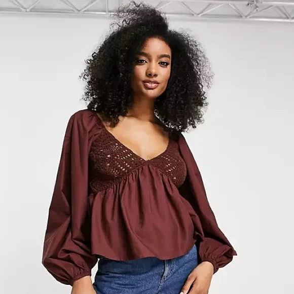 V-Neck Crochet Top With Frill Sleeve And Peplum In Chocolate