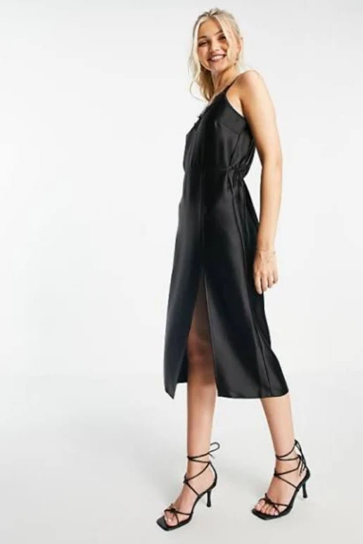 Miss Selfridge Lace Trim Satin Midi Dress in Black