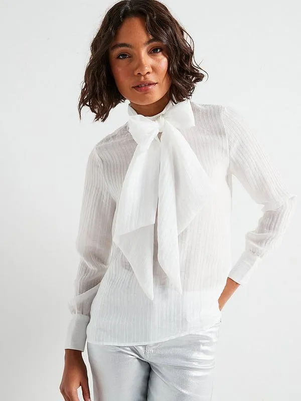 Vero Moda Long Sleeve Bow Collar Shirt - White