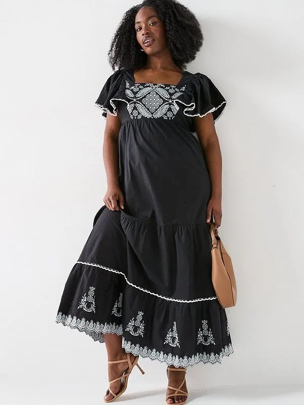 V by Very Curve Embroidered Maxi Dress - Black