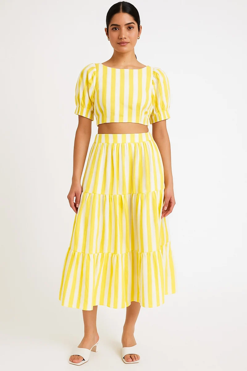 Yellow/white Stripe Crop Top and Skirt Set