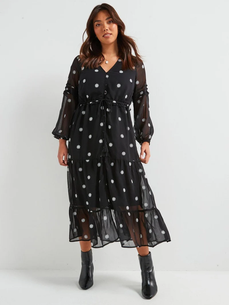 V by Very Curve Embroidered Tiered Midi Dress - Black