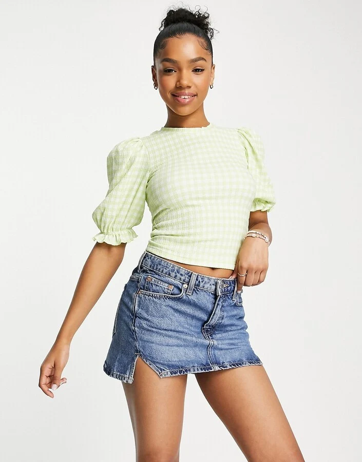 Monki puff sleeve top in green gingham