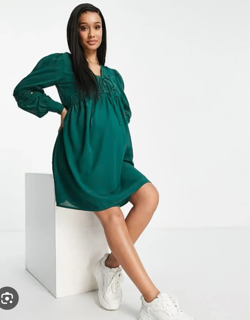 ASOS DESIGN Maternity lace insert mini smock dress in forest green
