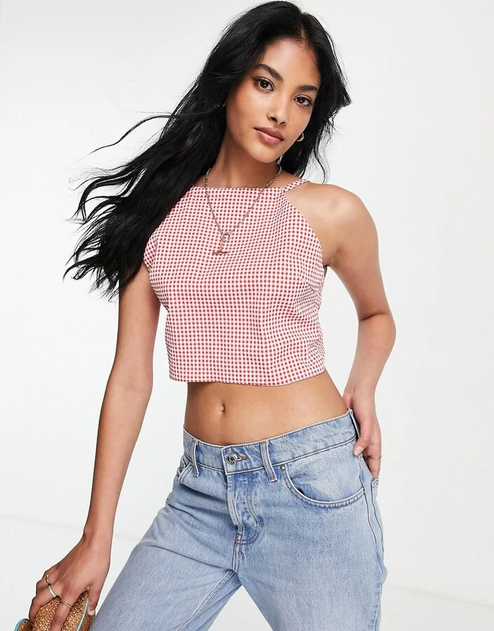 Strappy Open Back Crop Top in Red Gingham