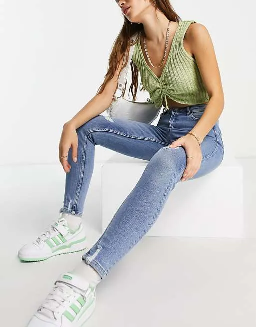 Lizzie High Waist Ripped Hem Skinny Jean in midwash blue