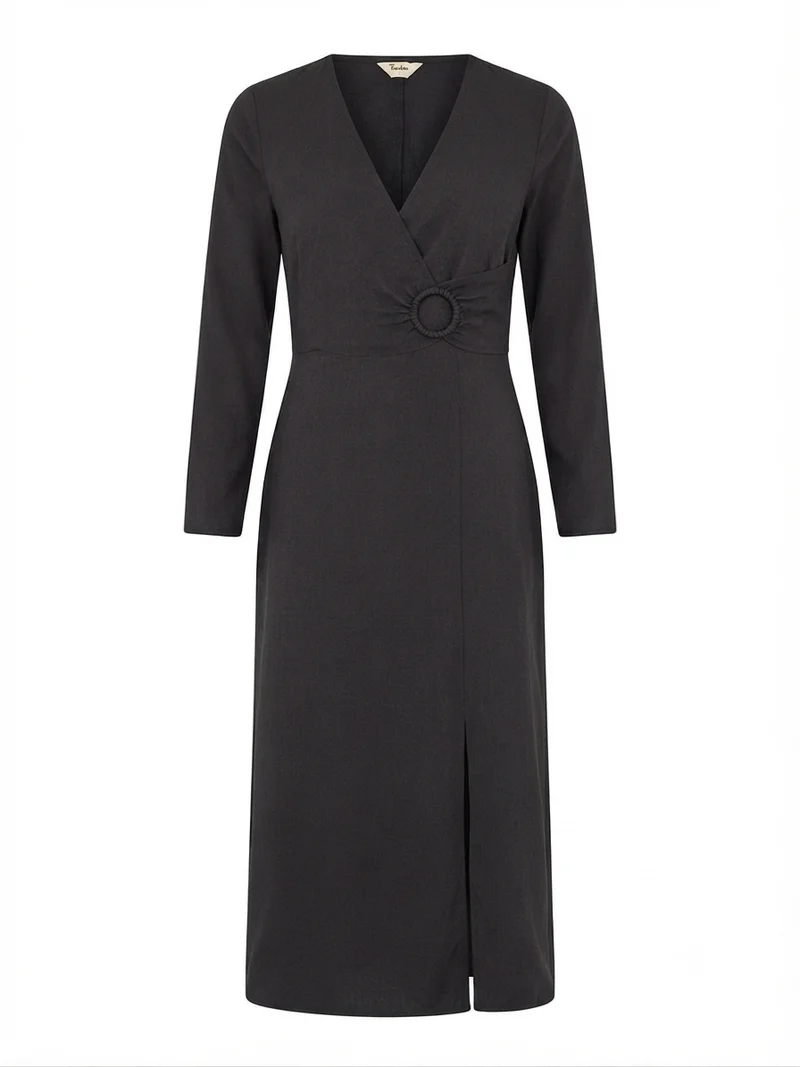 Black Crinkle Ring Wrap Dress