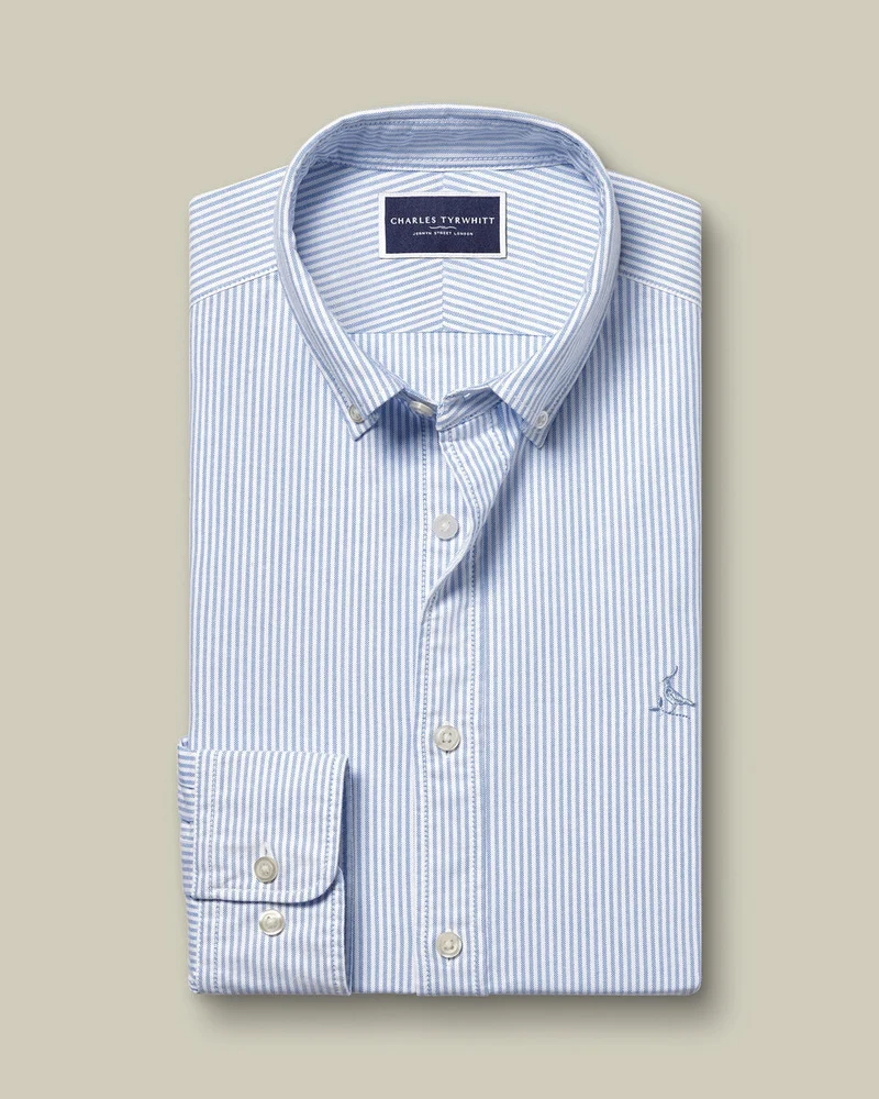 Button-Down Collar Washed Oxford Stripe Slim Fit Shirt Blue