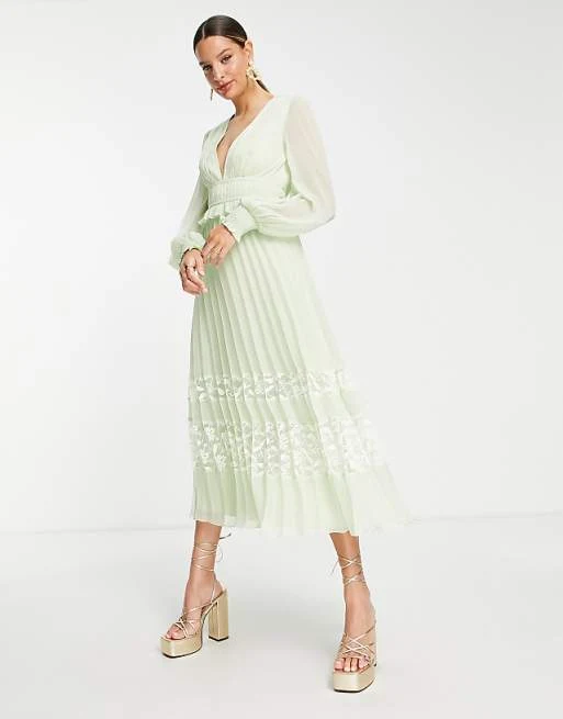 Tall Plunge Pleated Midi Dress with Lace Insert hem in Sage Green