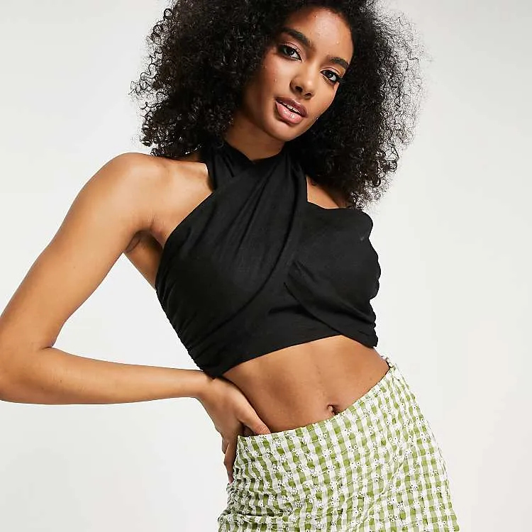 ASOS DESIGN natural crinkle halter top with shirred waist in black