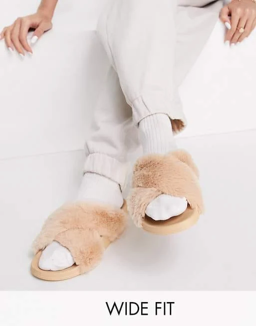 Neutral Fiona Wide Fit Cross Strap Furry Sliders