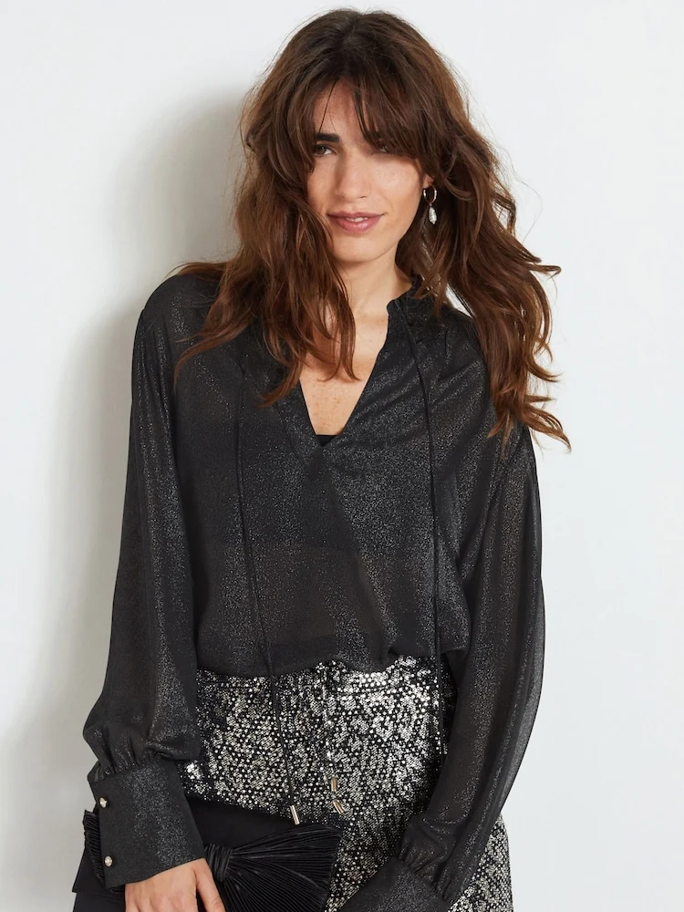 Black Paisley Black Sparkle Tie Neck Blouse