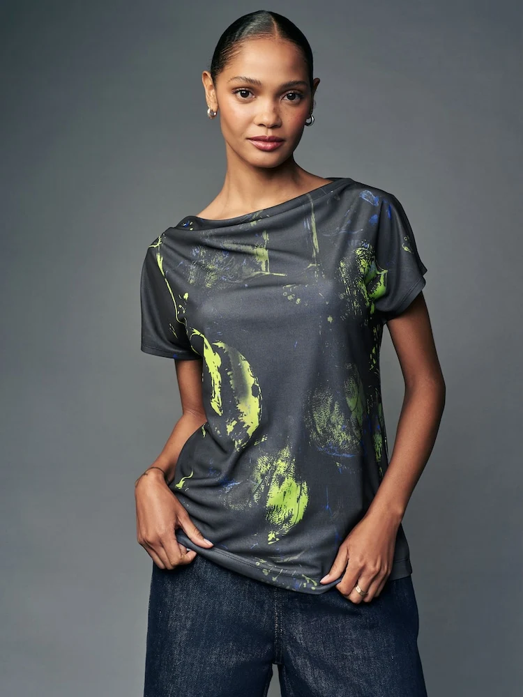 Navy Print Short Sleeve Cowl Neck Top