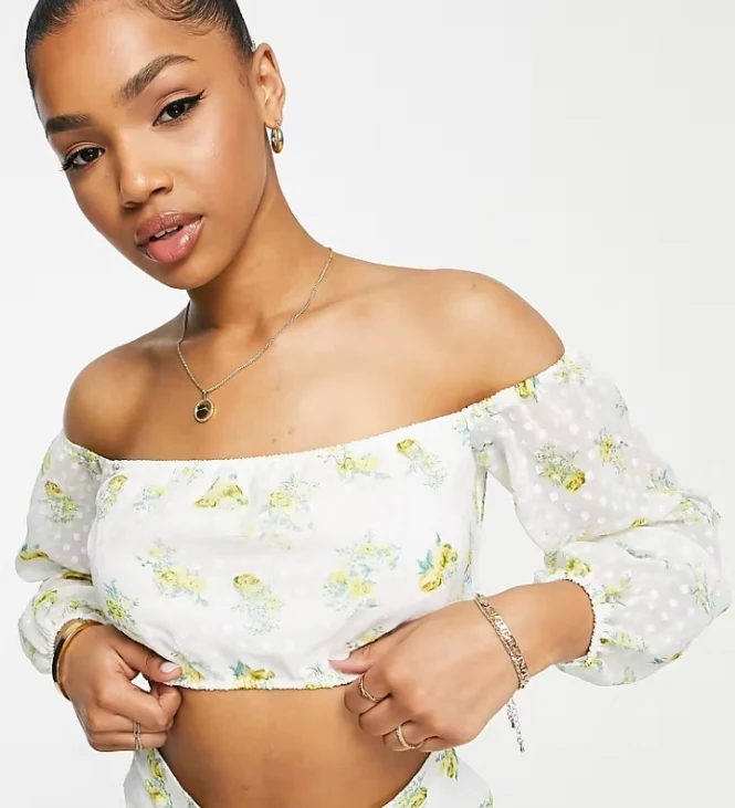 Miss Selfridge dobby chiffon bardot crop top in floral print