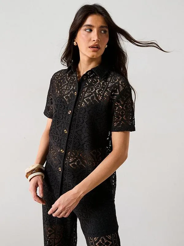 V by Very Crochet Co-ord Shirt - Black