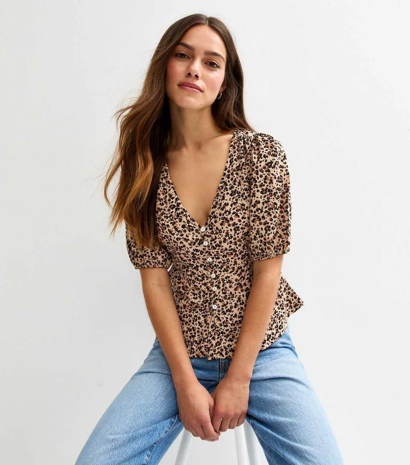 Petite Brown Crepe Leopard Print Top