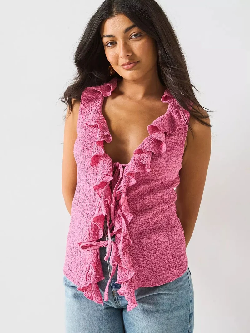 V by Very Ruffle Tie Front Top - Pink