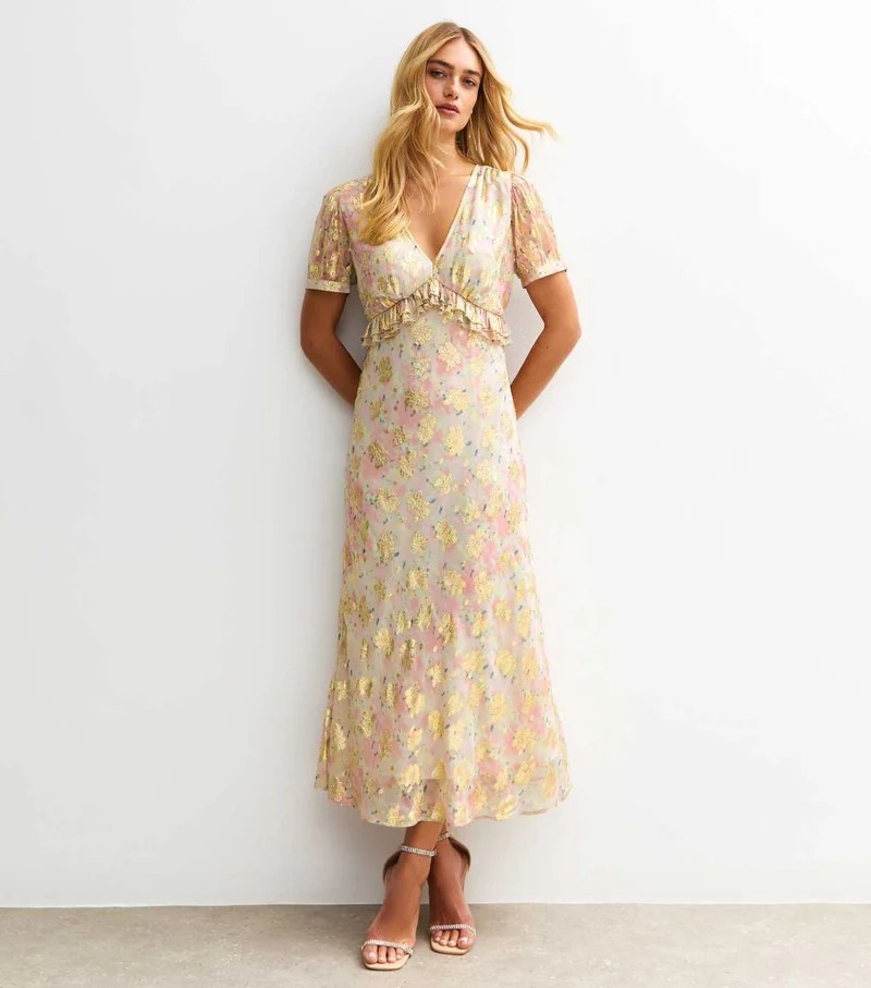 Pink Metallic Jacquard Puff Sleeve Midi Dress