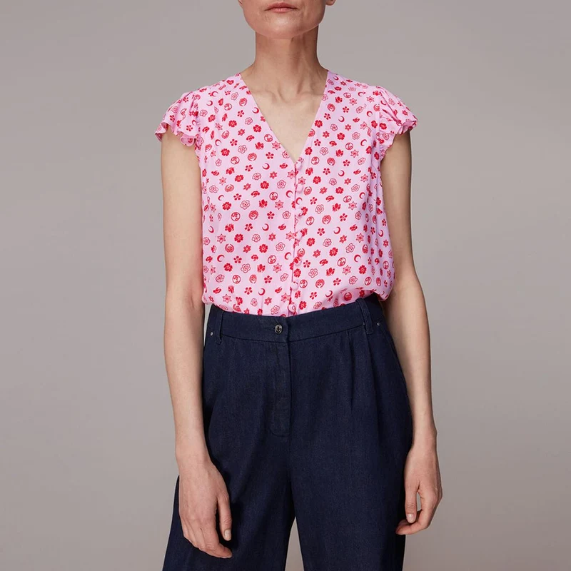 Whistles button front top in pink icon print