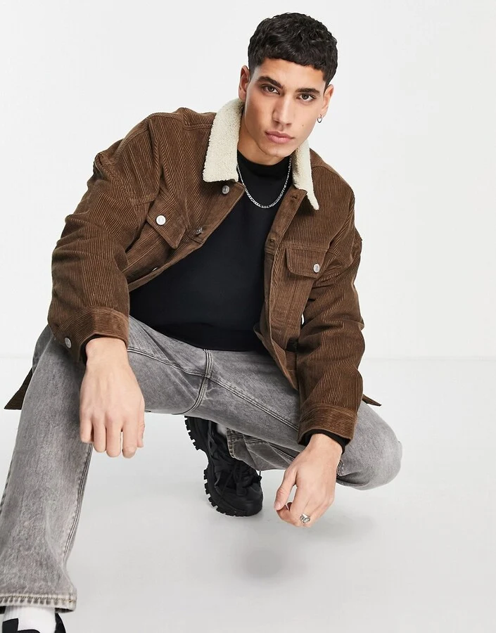 Oversized Cord Jacket With Borg Collar in Brown