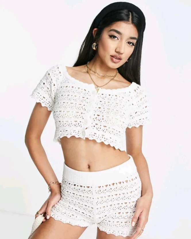 ASOS DESIGN co-ord crochet off shoulder beach top in cream