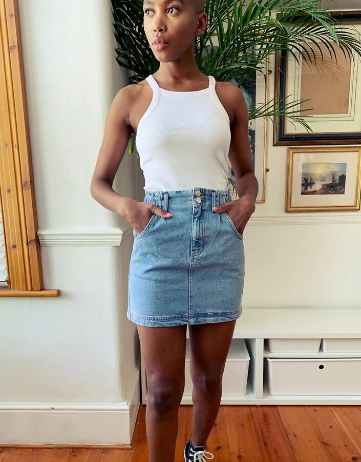 Paperbag Denim Skirt in Mid Blue