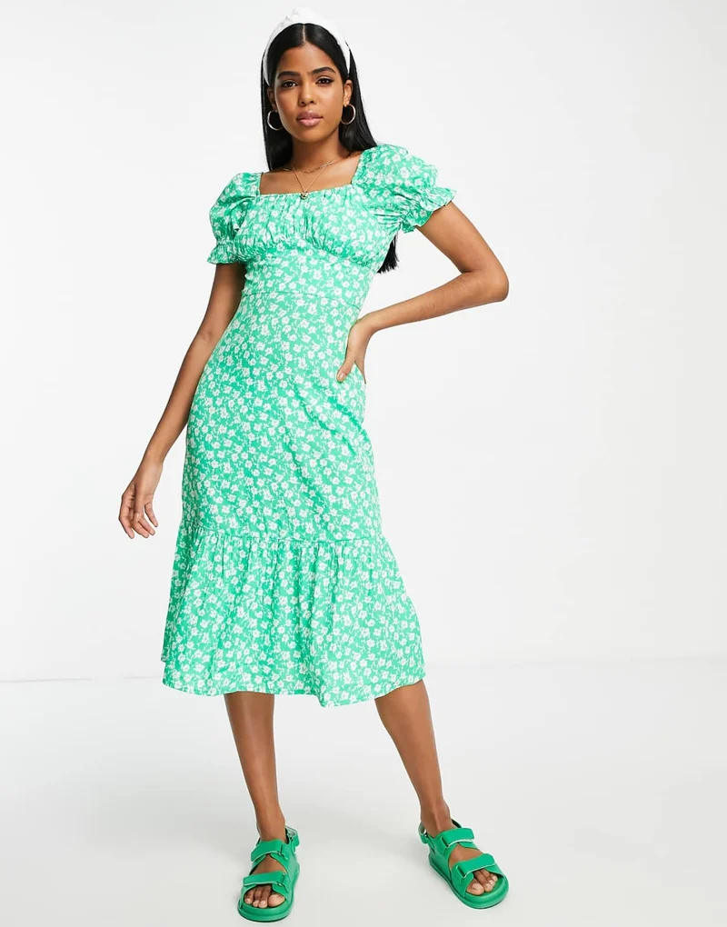 Corset Detail Midi Dress in Green Floral Print