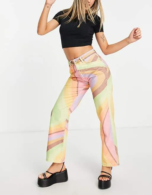 High Waisted Straight Leg Jeans in Retro Rainbow swirl denim