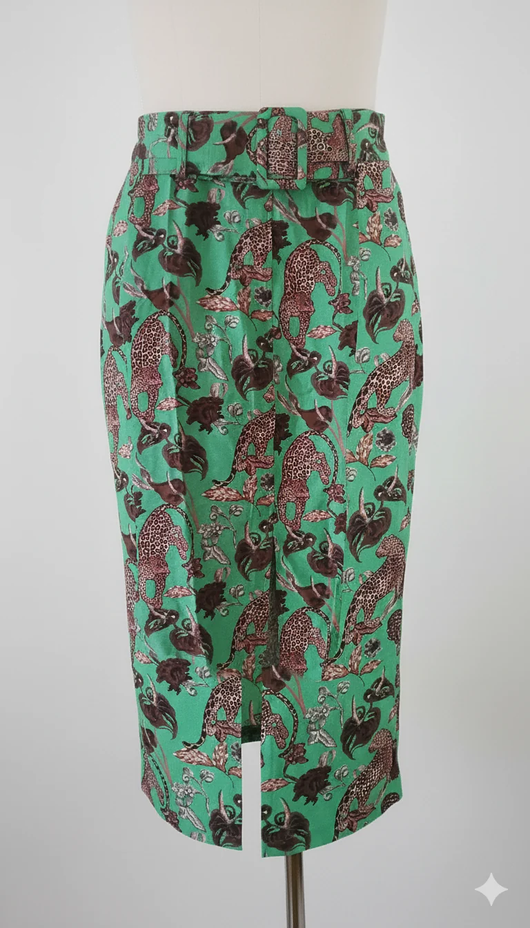 Green Tiger Print Belted Midi Skirt