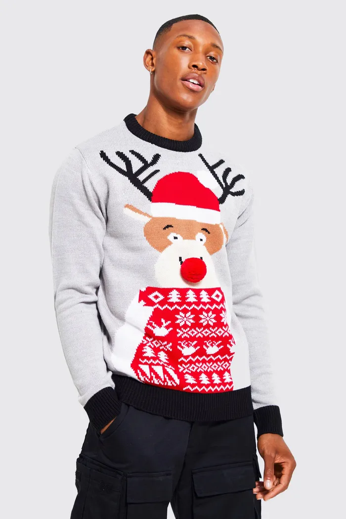 Reindeer Santa Hat Christmas Jumper Grey Marl