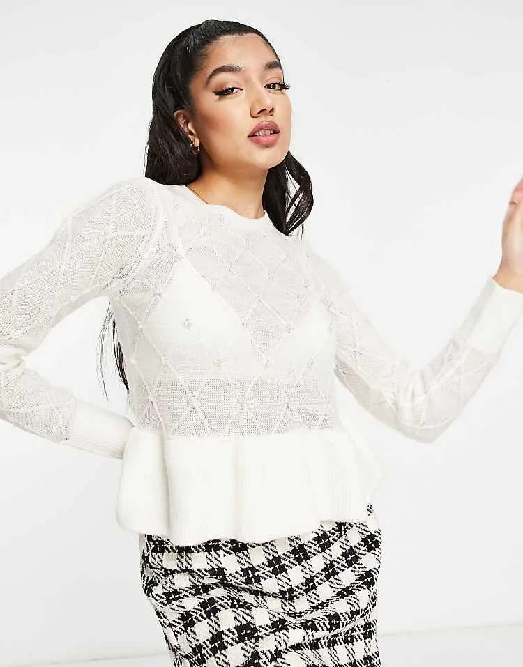 Ivory Faux Pearl Diamond Frill Hem Jumper