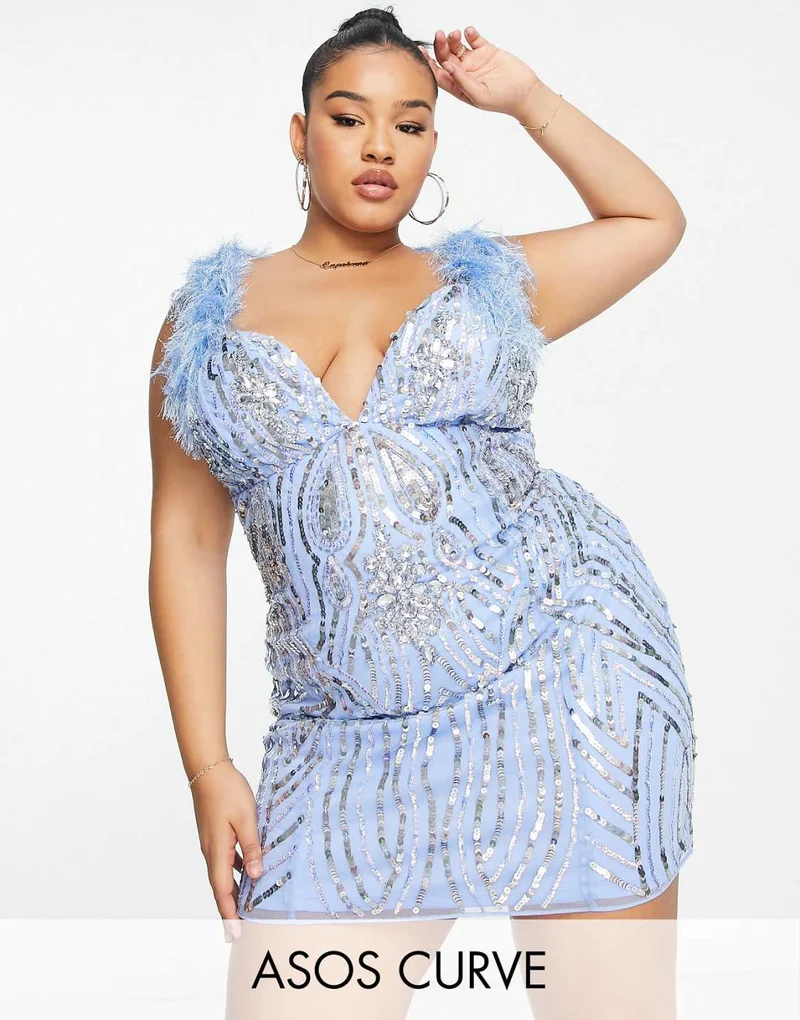 ASOS LUXE Curve Embellished Gemstone Mini Dress with Faux Feathers in Blue
