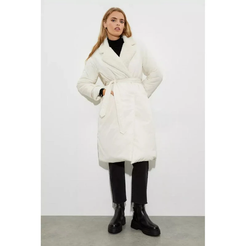 Borg Padded Longline Coat Cream