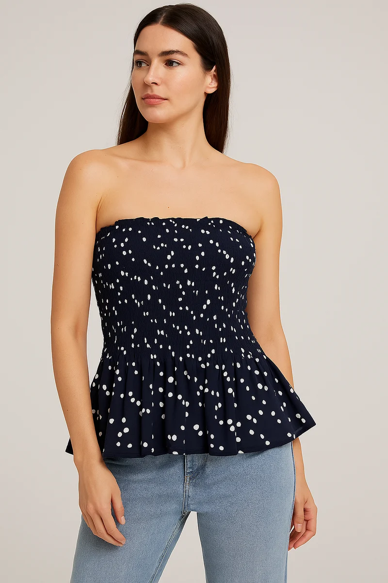 Navy Polka Dot Strapless Peplum Top