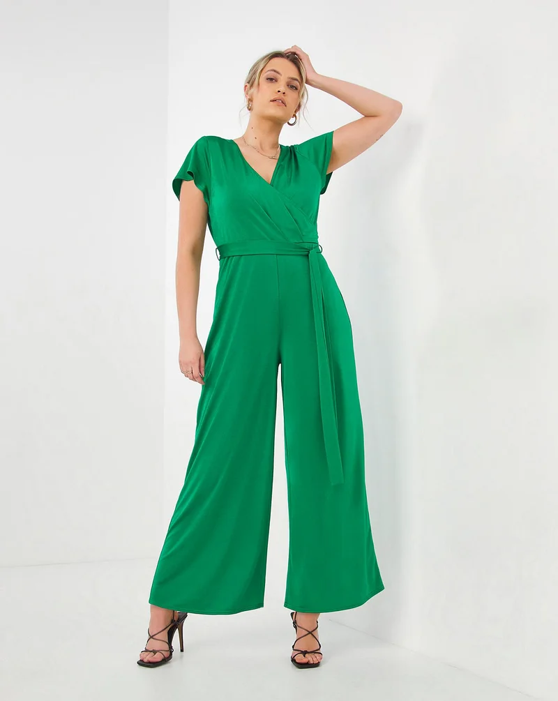 Green Slinky Wrap V Neck Jumpsuit