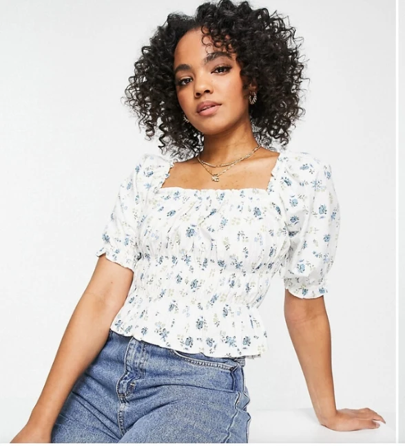Floral milkmaid top in white and blue
