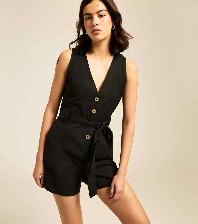 Black V-Neck Belted Playsuit
