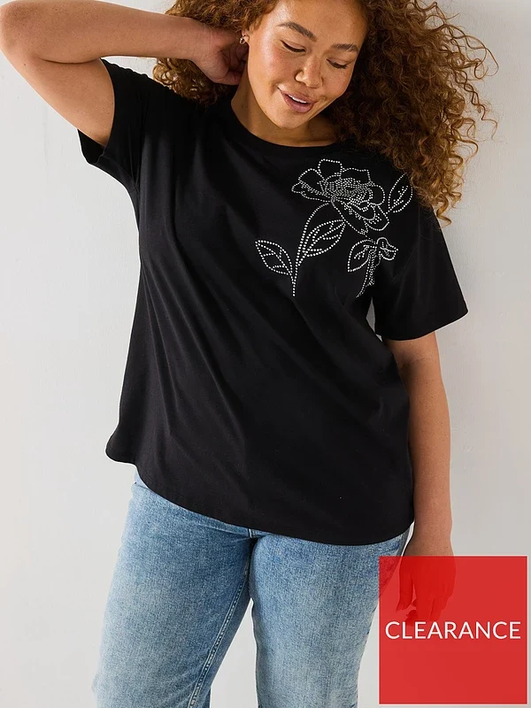 V by Very Curve Diamante Floral Motif T-Shirt - Black